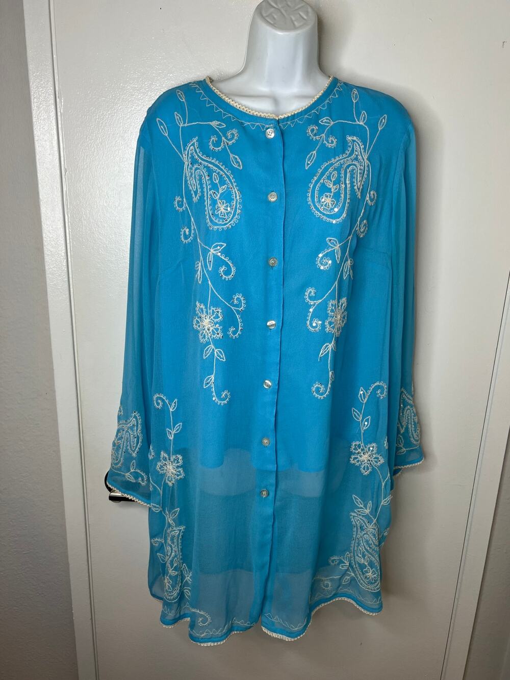 Antthony Originals Women's Sheer Embroidered Sequin Button Up Duster Blue Size L